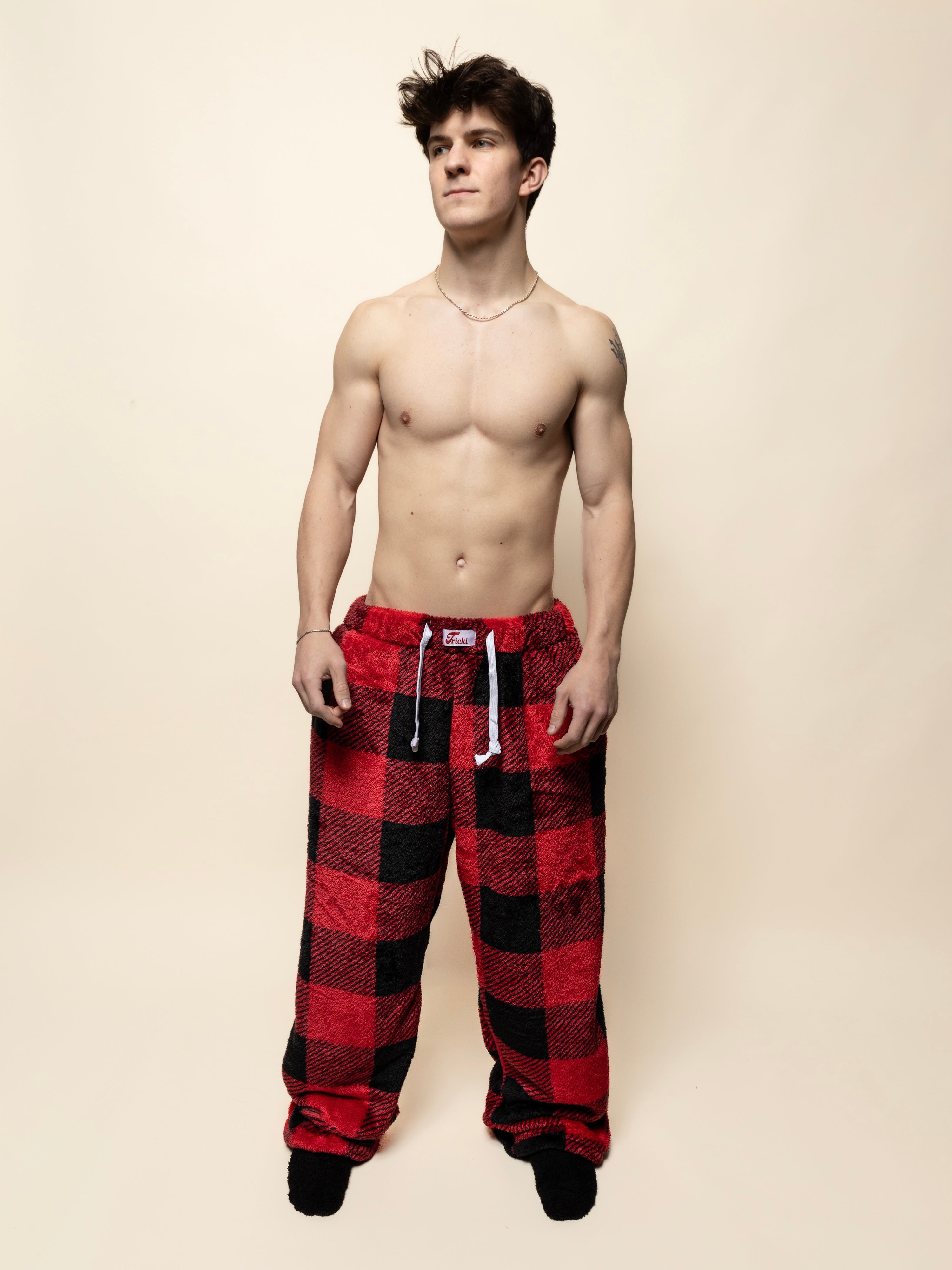 pajama fur brushed checkered pants mens pj pants with drawstrings