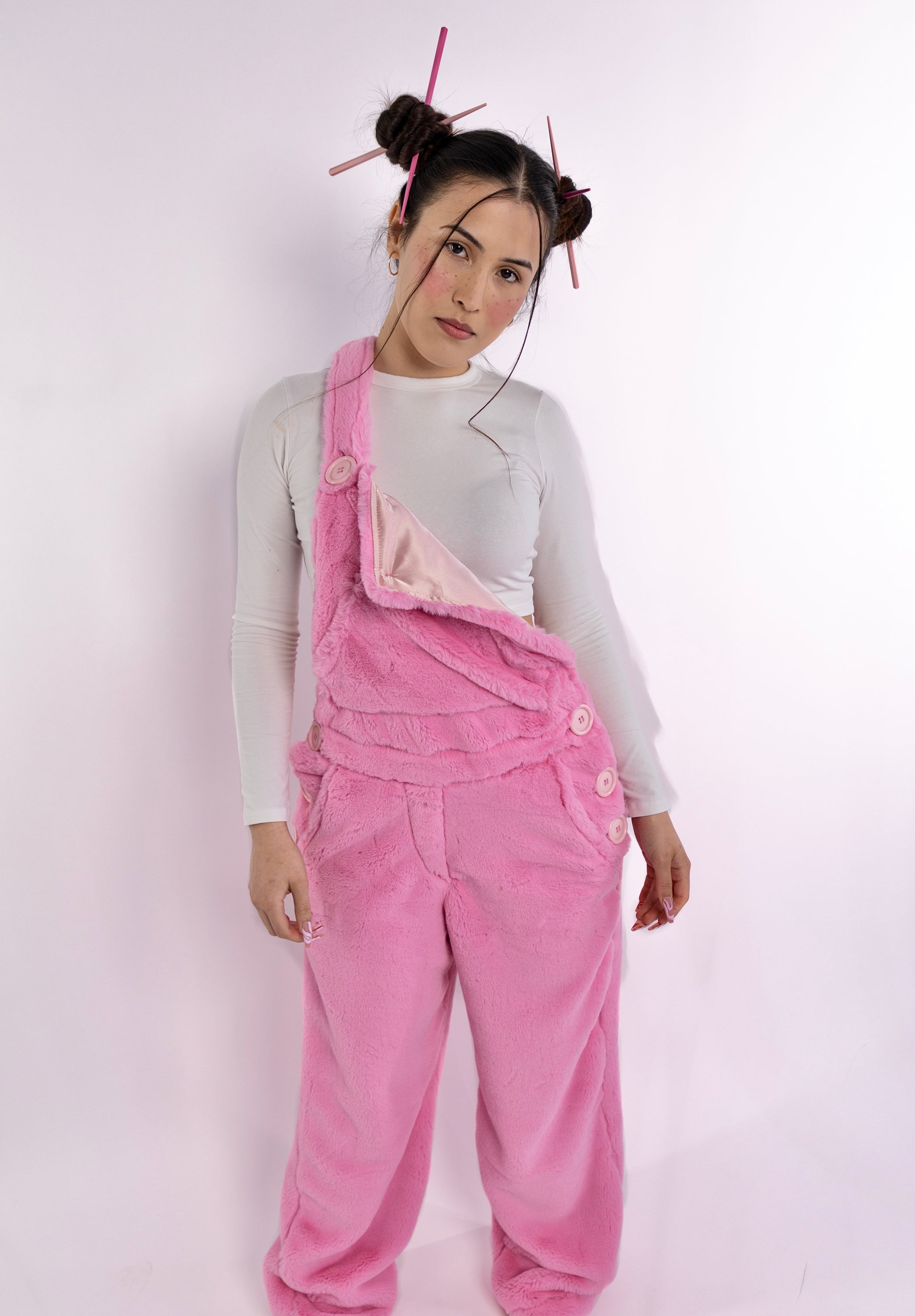 teddy fur overalls - hot pink