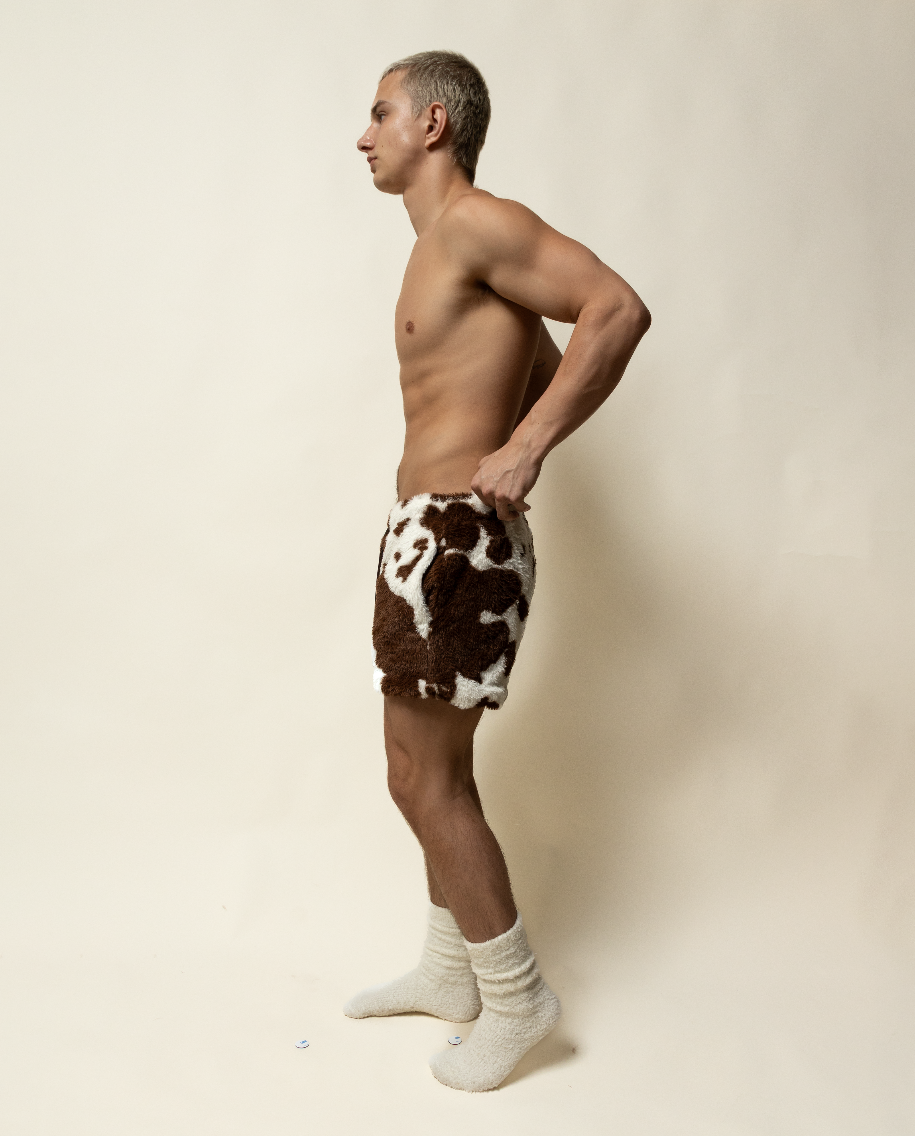 5" shorts in cow print fur