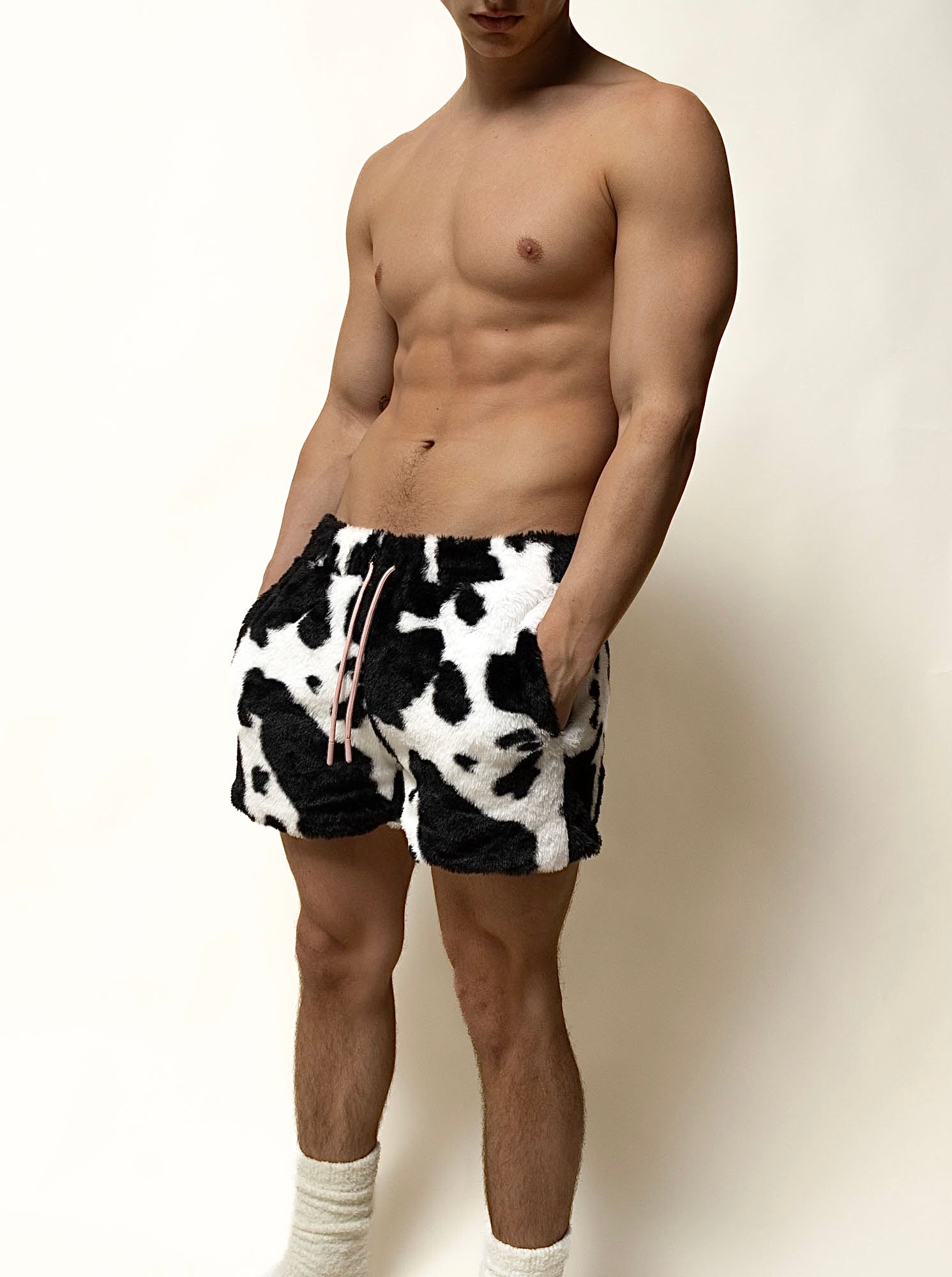 5" shorts in cow print fur