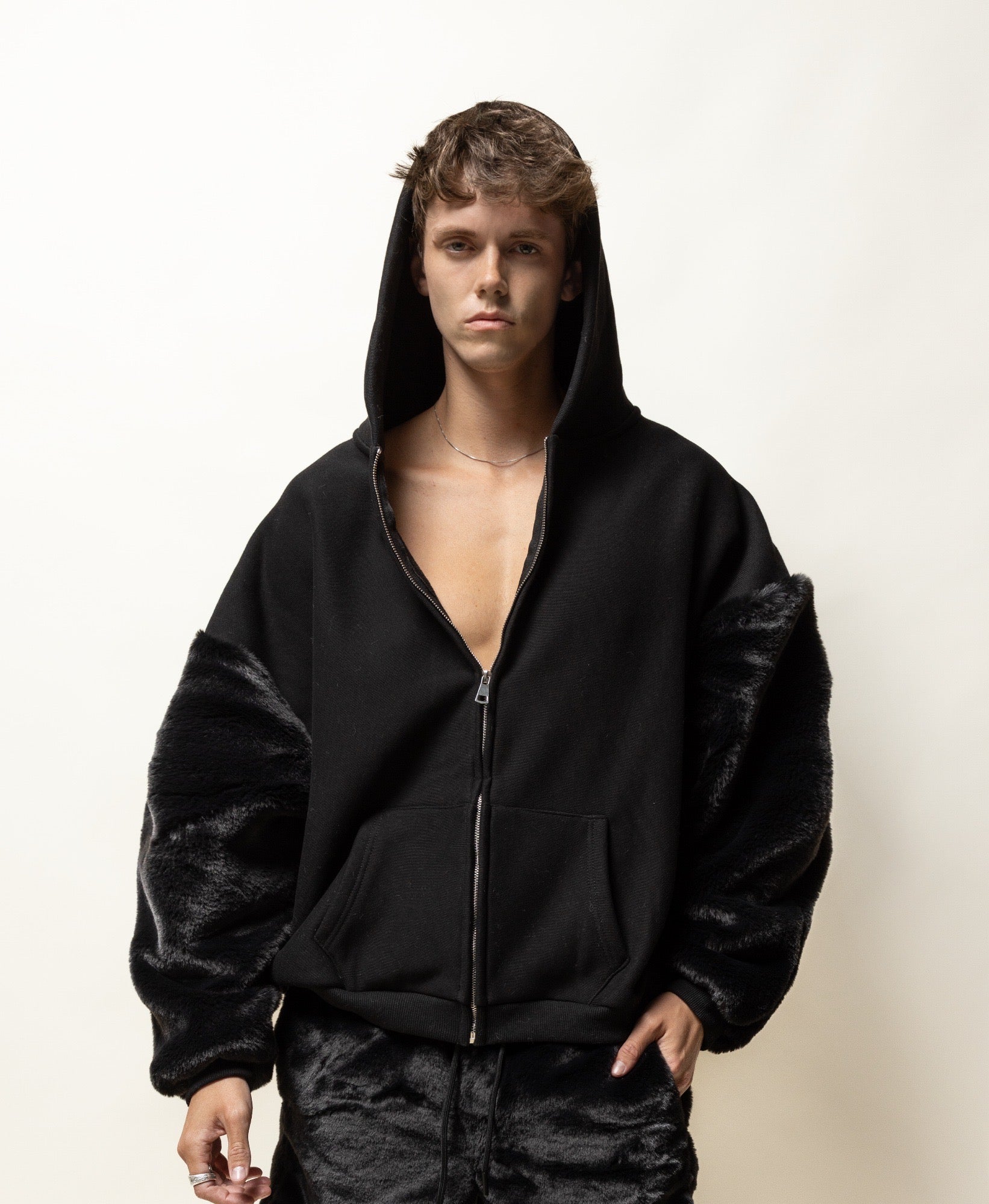 oversized fur sleeved hoodie