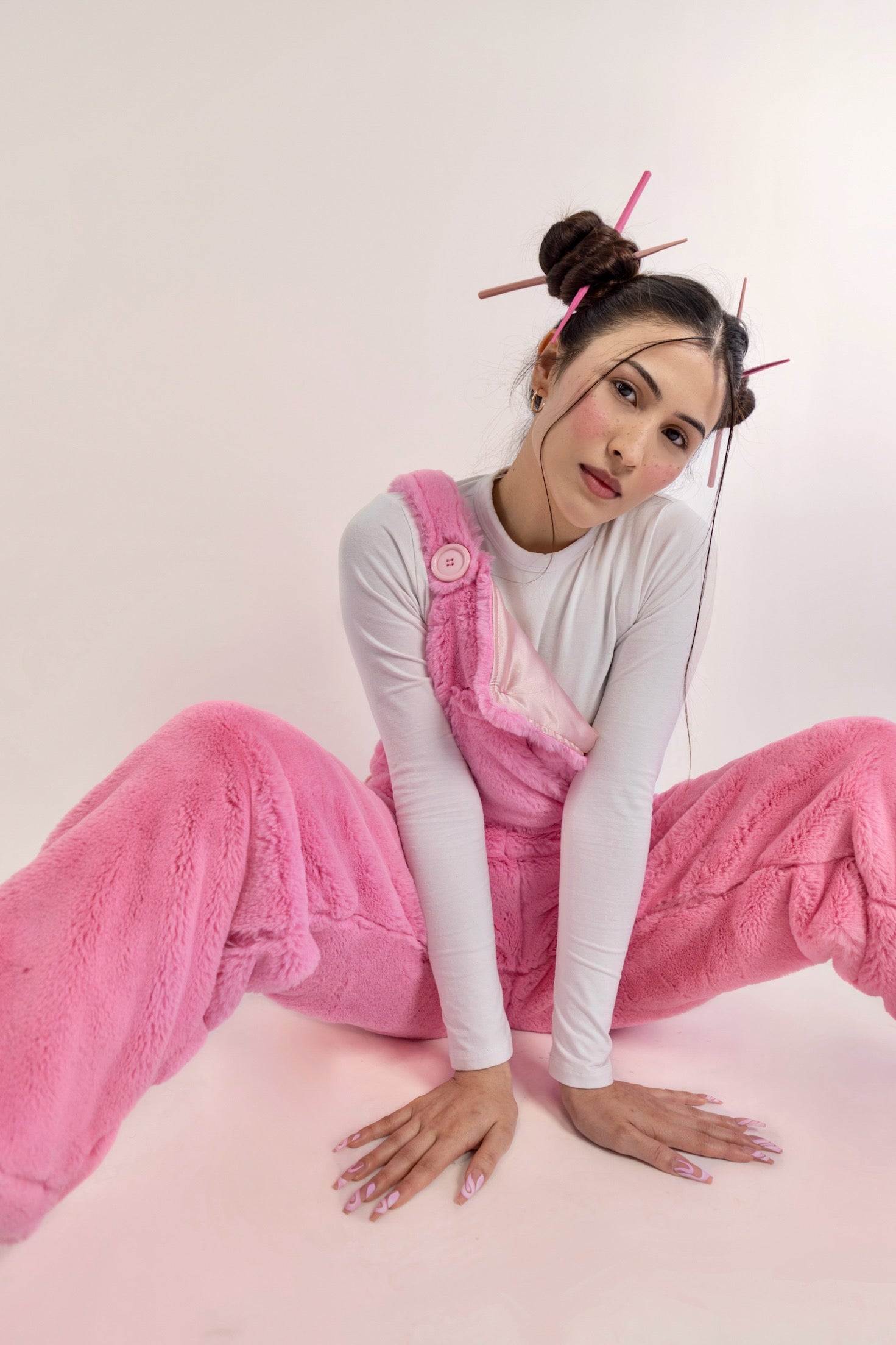 teddy fur overalls - hot pink