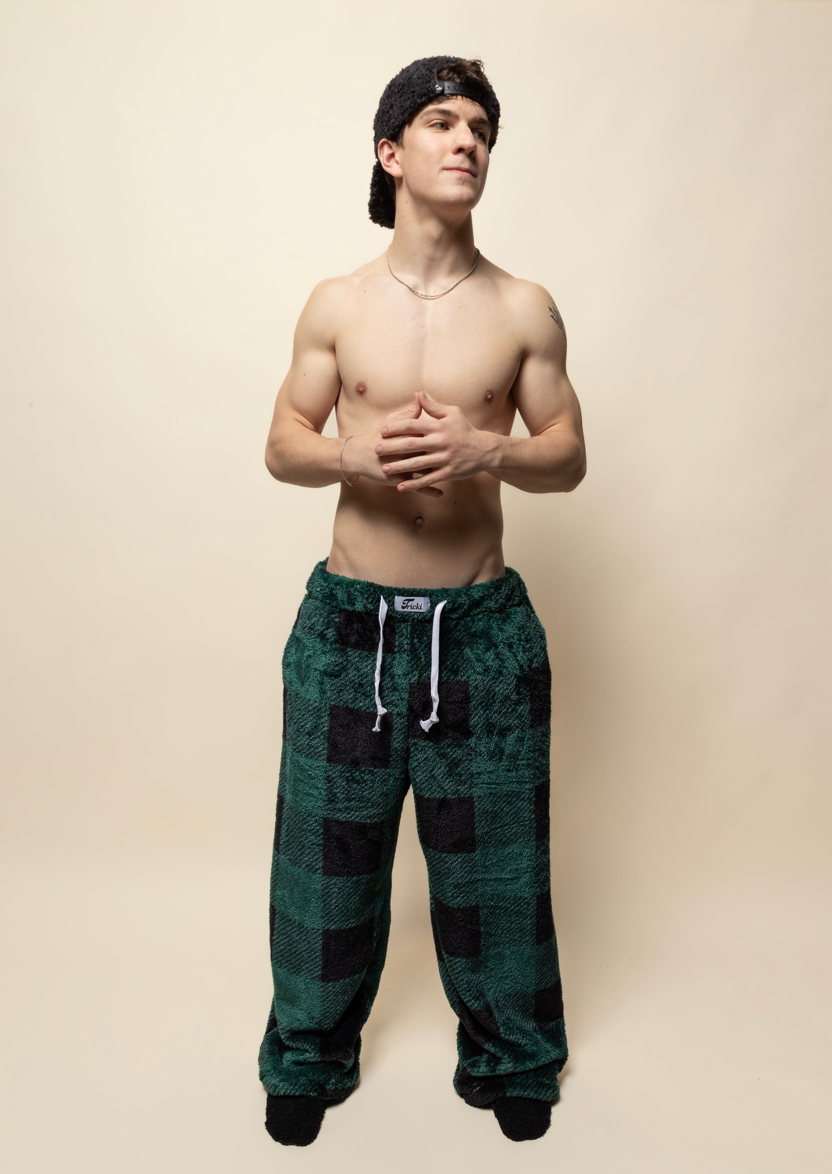 mens oversized pajama pants in dark green faux fur and sherpa with drawstrings