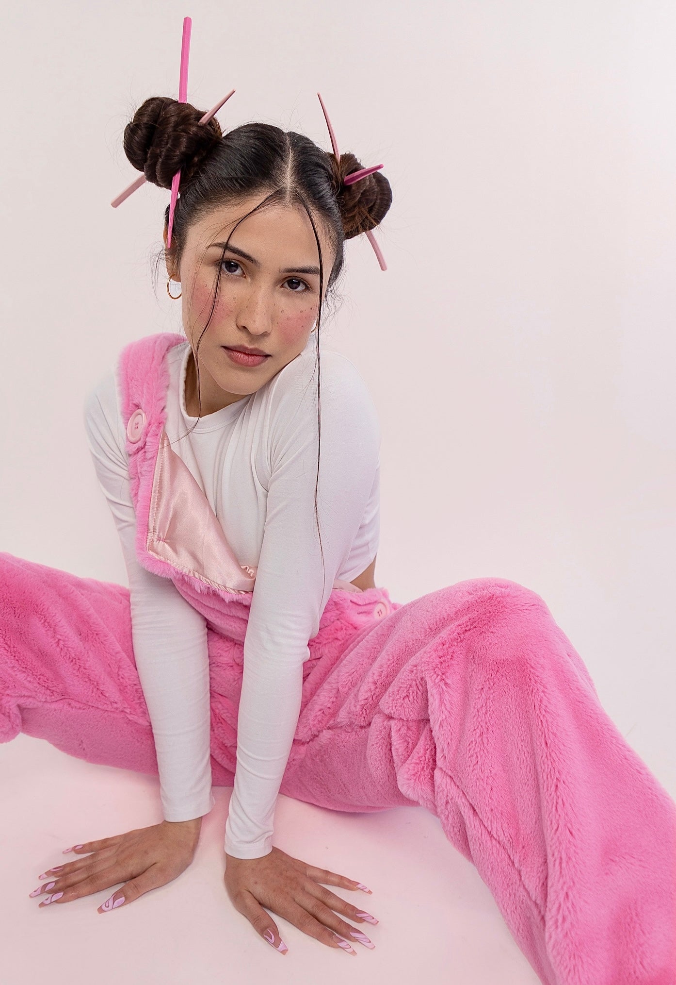 teddy fur overalls - hot pink