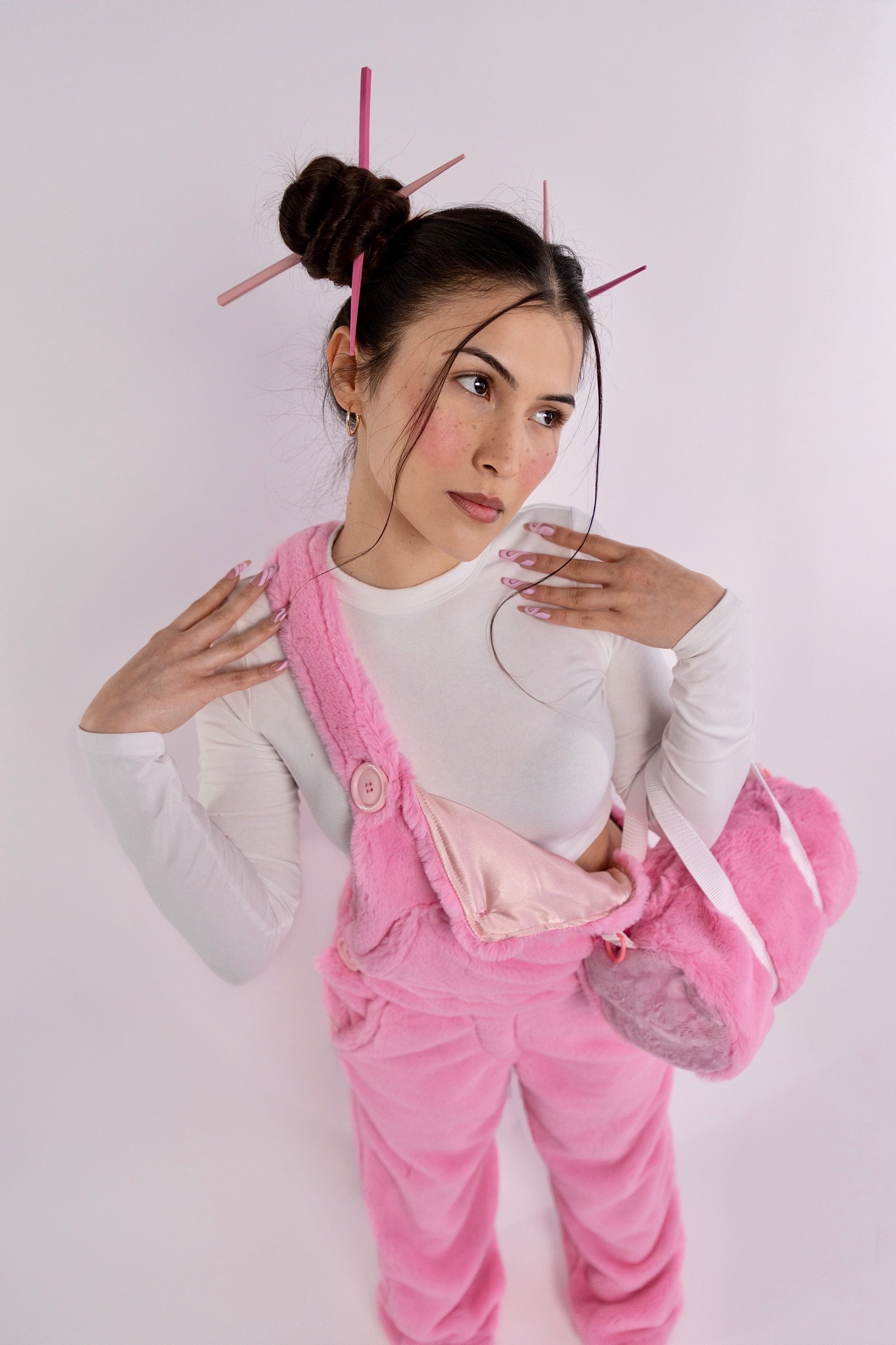 teddy fur overalls - hot pink